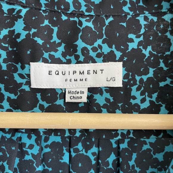 Equipment Leema floral-printed washed-silk shirt in teal blue and black Size L - Picture 3 of 4